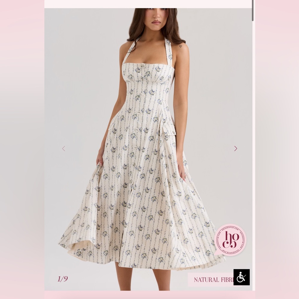 House of CB Cream Strapless Floral Midi Dress with Blue Print